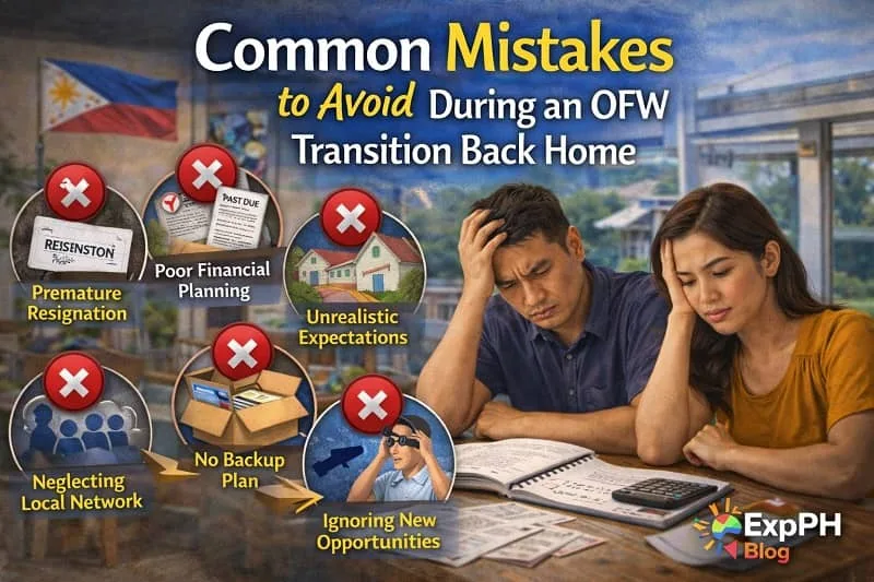Filipino OFW couple reviewing finances with warning icons about common transition mistakes and ExpPH Blog logo