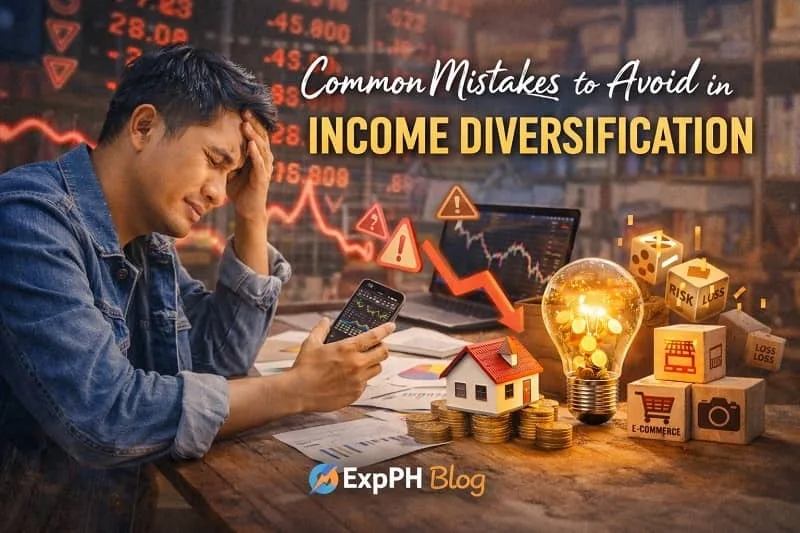 Filipino man looking stressed while checking stock charts on his phone, with declining graphs, warning icons, coins, house model, and e-commerce symbols around him