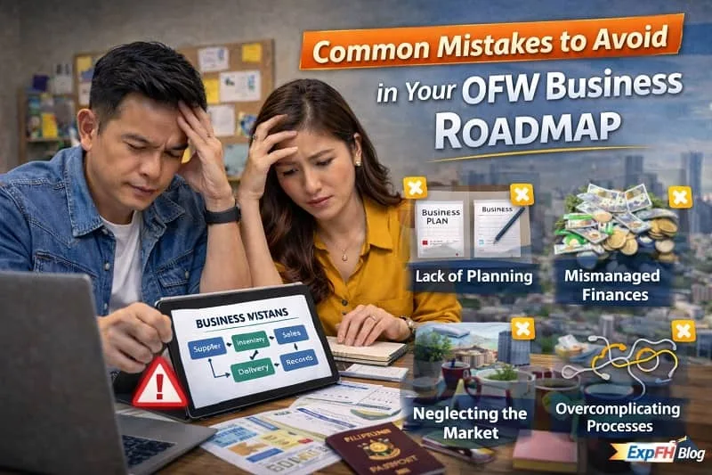 Filipino couple reviewing business documents with worried expressions while identifying common mistakes in their OFW Business Roadmap with ExpPH Blog logo visible