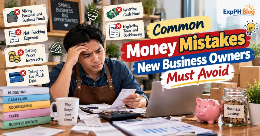 Filipino small business owner reviewing financial documents at a cluttered desk, illustrating common money mistakes involving cash flow, expenses, debt, and taxes.