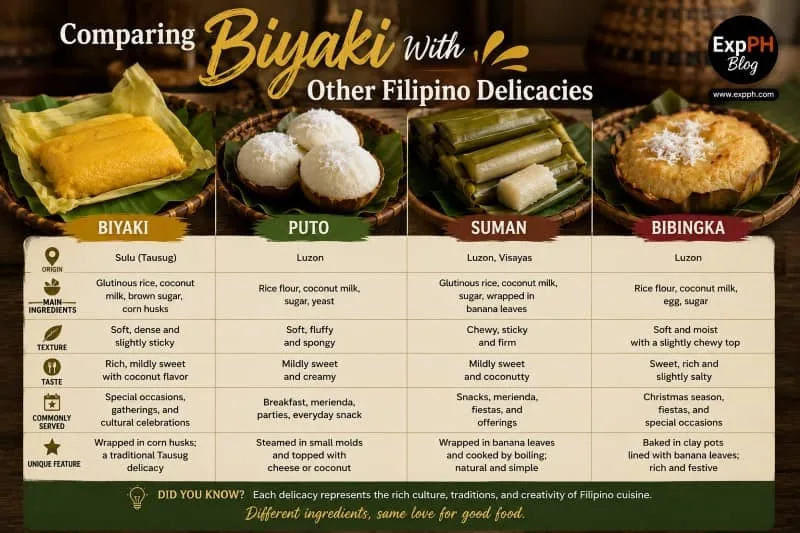 A comparison of traditional Filipino delicacies featuring Biyaki, Puto, Suman, and Bibingka, displayed on banana leaves with information about their origins, ingredients, textures, and cultural significance, alongside the ExpPH Blog logo.