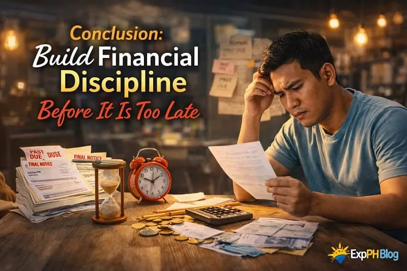 Filipino man stressed about finances while reviewing bills and expenses at a table, highlighting the importance of building financial discipline before it is too late