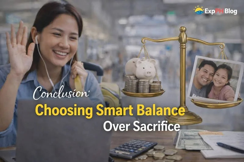 Filipino woman video calling family with balance scale showing money and family photo symbolizing smart financial balance over sacrifice