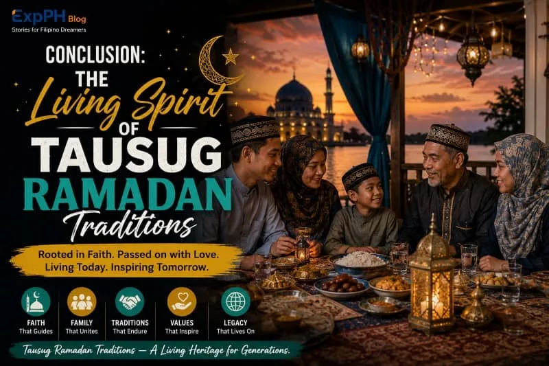 Filipino Tausug Muslim family sharing Ramadan traditions together during iftar beside a mosque at sunset