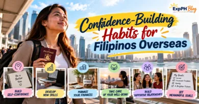A confident Filipina holding a Philippine passport against a city skyline, with tips on building self-confidence, developing skills, managing finances, maintaining well-being, building relationships, and setting goals.