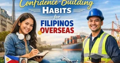 Confident Filipino man and woman working abroad with motivational text Confidence-Building Habits for Filipinos Overseas and ExpPH Blog logo