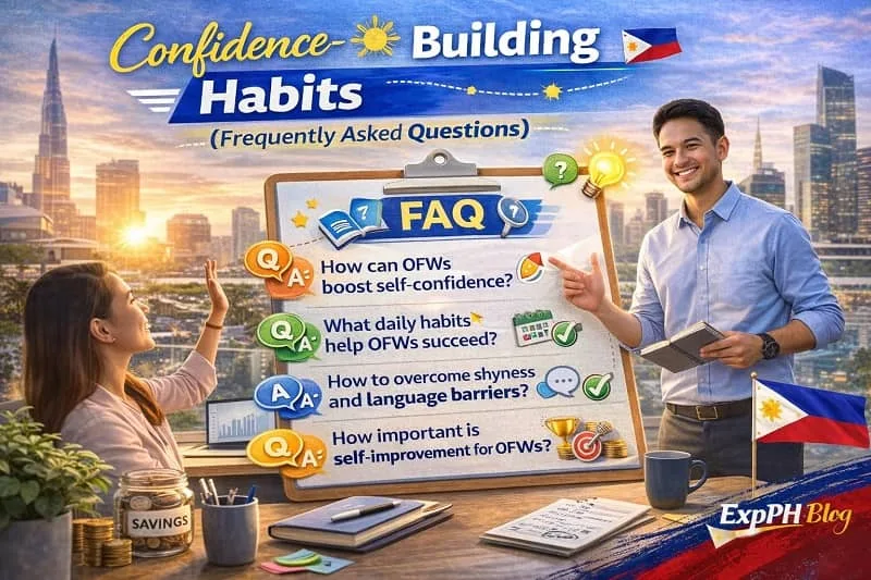 Filipino professionals reviewing FAQ board abroad with text Confidence-Building Habits for OFWs Frequently Asked Questions and ExpPH Blog logo