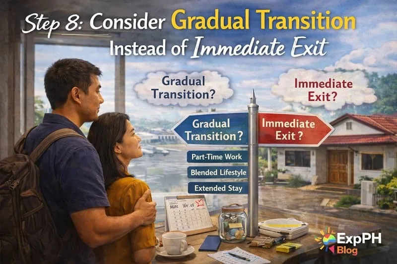 Filipino OFW couple deciding between gradual transition and immediate exit with home background and ExpPH Blog logo