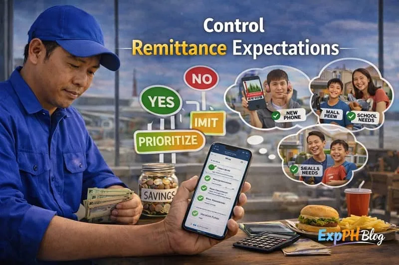 Filipino OFW reviewing remittance requests on phone with savings jar and budgeting tools at airport, showing controlled remittance planning with ExpPH Blog logo