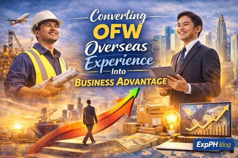 Filipino OFW transforming overseas experience into business advantage with growth chart, export boxes, and ExpPH Blog logo