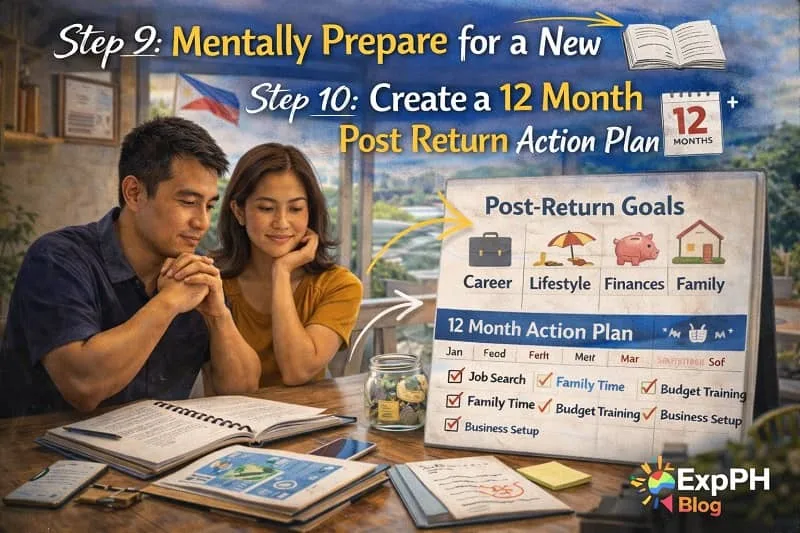 Filipino OFW couple planning 12 month action plan at home with notebook, savings jar, checklist board, and ExpPH Blog logo