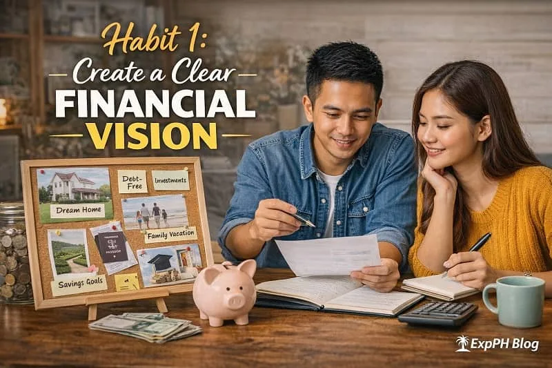 Filipino couple planning financial goals at home with vision board, piggy bank, savings, and calculator while creating a clear financial vision