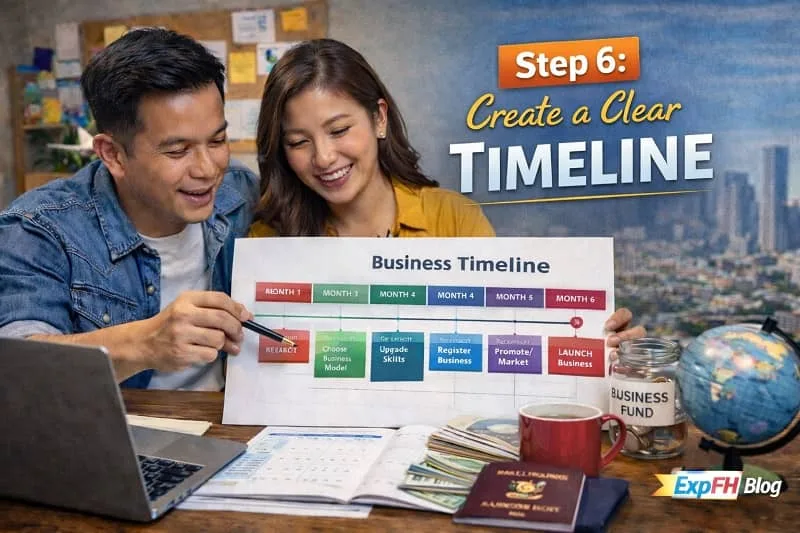 Filipino couple reviewing a business timeline chart with laptop, savings, passport, and ExpPH Blog logo while planning their OFW Business Roadmap