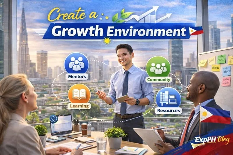 Filipino professional leading a meeting abroad with text Create a Growth Environment and ExpPH Blog logo