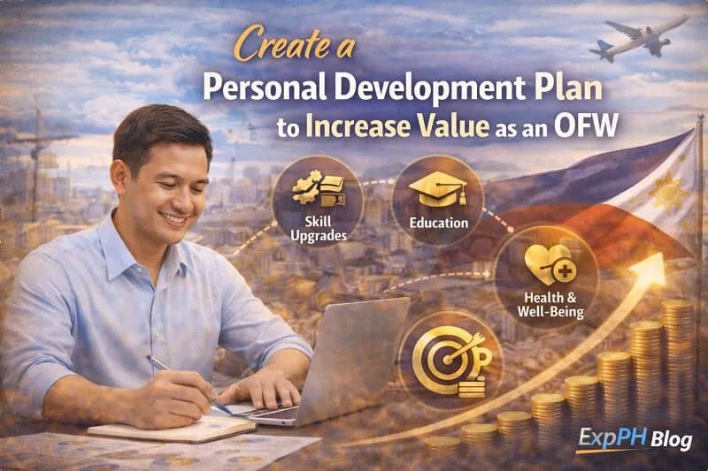 Filipino OFW writing a personal development plan with goal setting and career growth visuals, featuring ExpPH Blog logo.