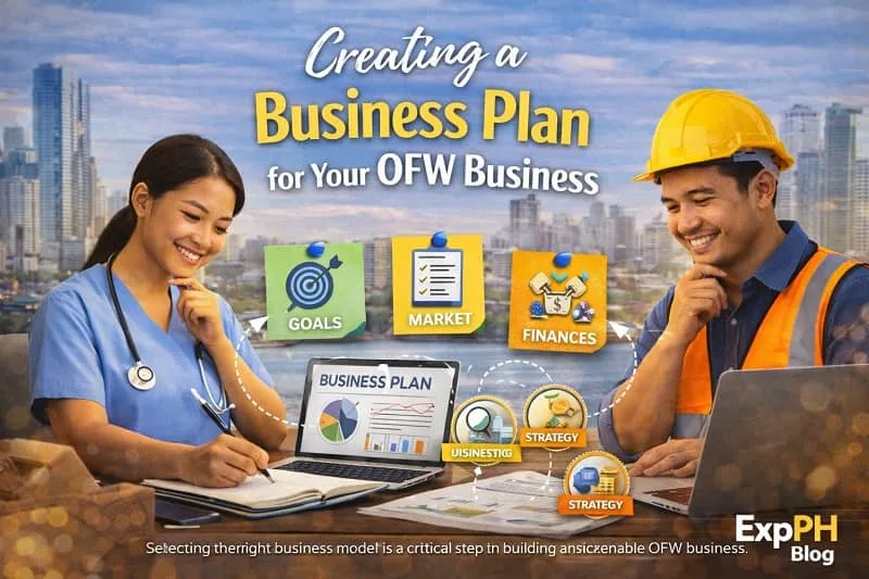 Filipino nurse and construction worker planning an OFW business with goals, market analysis, and finance icons on a laptop against a city skyline background.