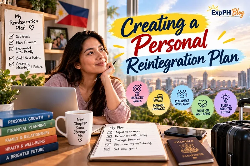 Filipina woman planning her return to the Philippines at a desk with a notebook, laptop, passport, and checklist, representing personal reintegration planning for OFWs.