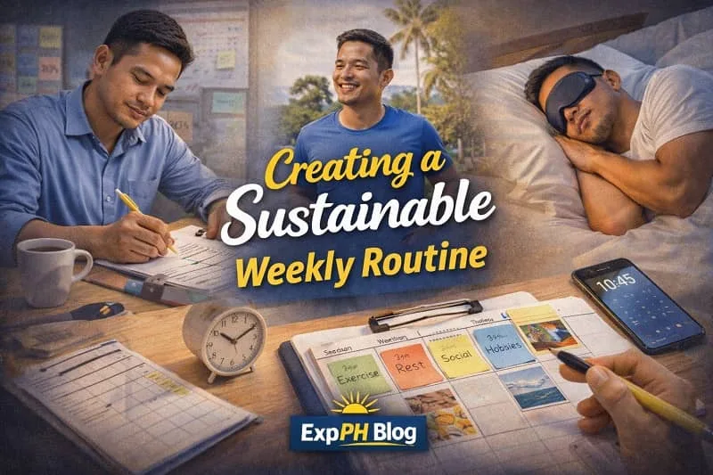 Creating a sustainable weekly routine for OFWs, showing a Filipino overseas worker planning the week calmly with a notebook and ExpPH Blog logo