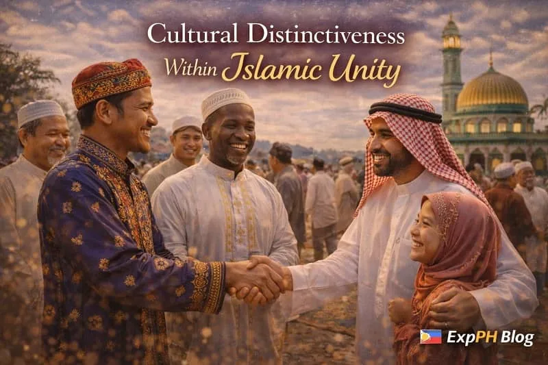 Filipino Muslim community in traditional attire gathered near mosque in Sulu showing cultural diversity within Islamic unity