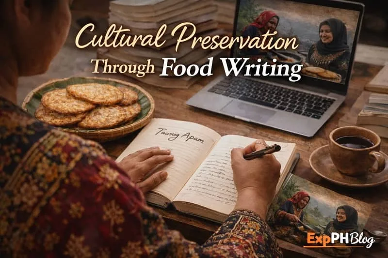 Filipino writer documenting Tausug Apam traditions with notebook and laptop, showing cultural preservation through food writing in the Philippines.
