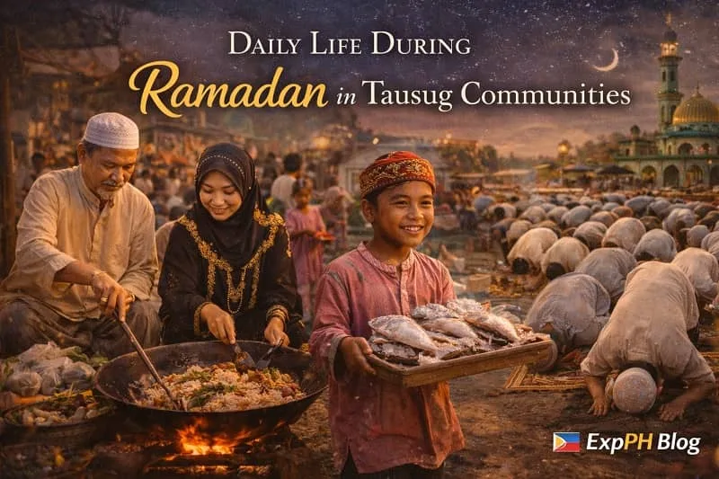 Tausug family cooking and preparing food while worshippers pray near a mosque during Ramadan in Sulu, representing daily life in Tausug communities