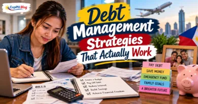 A Filipina reviews bills and writes a debt repayment plan at her desk, surrounded by a calculator, budgeting checklist, savings goals, and a piggy bank.