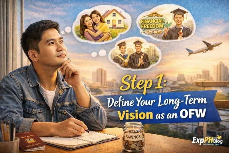 Filipino OFW writing long-term goals in a notebook with savings jar, passport, airplane in background, and ExpPH Blog logo