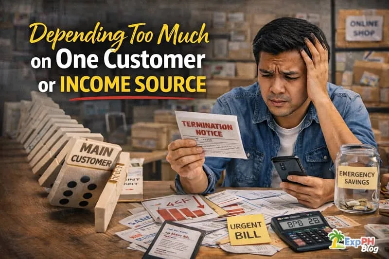 Filipino entrepreneur stressed after losing a major client, reviewing termination notice and financial documents