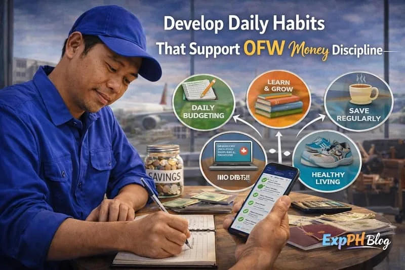 Filipino OFW writing daily budget notes at airport table with savings jar and phone checklist, promoting strong OFW money discipline with ExpPH Blog logo