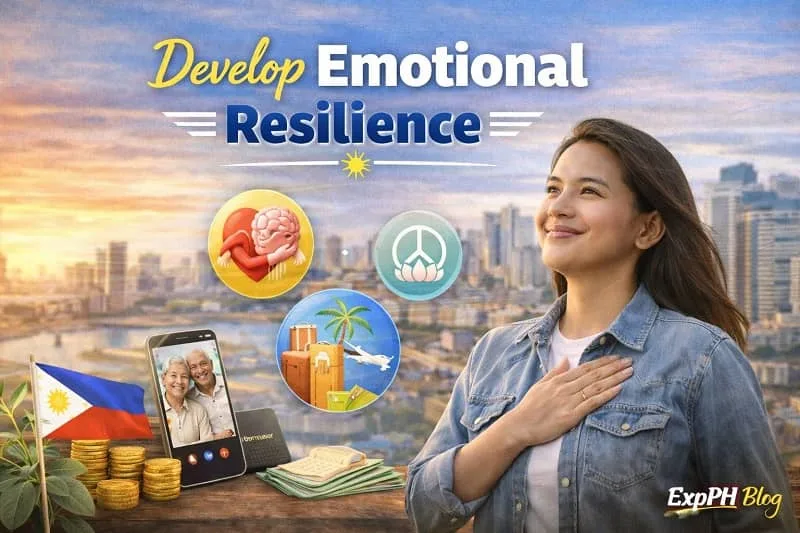Confident Filipina overseas reflecting calmly with text Develop Emotional Resilience and ExpPH Blog logo
