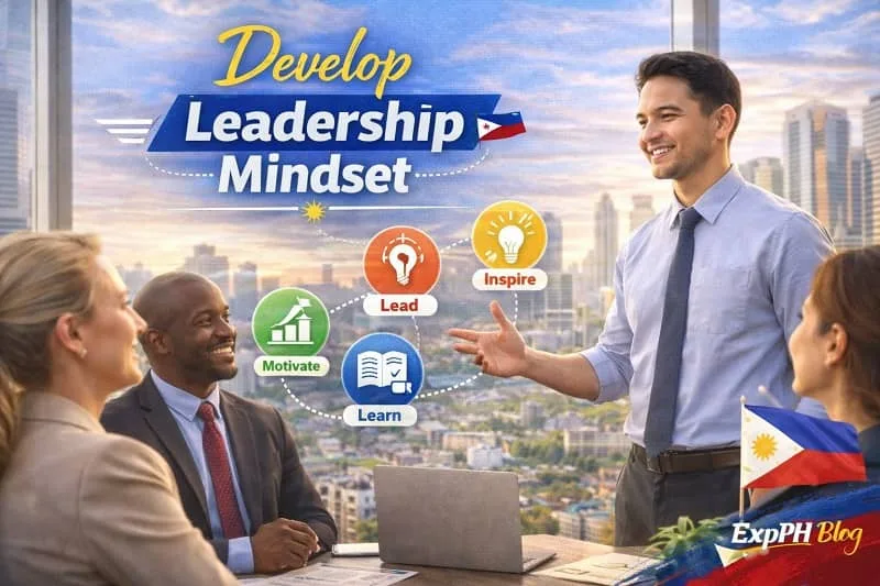 Confident Filipino team leader guiding coworkers abroad with text Develop Leadership Mindset and ExpPH Blog logo