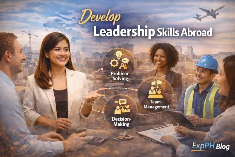 Filipino OFW leading a team meeting abroad with leadership icons and ExpPH Blog logo.