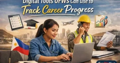 Filipino OFWs using digital tools on a laptop to track skills, certifications, and career progress while working abroad, with ExpPH Blog logo visible