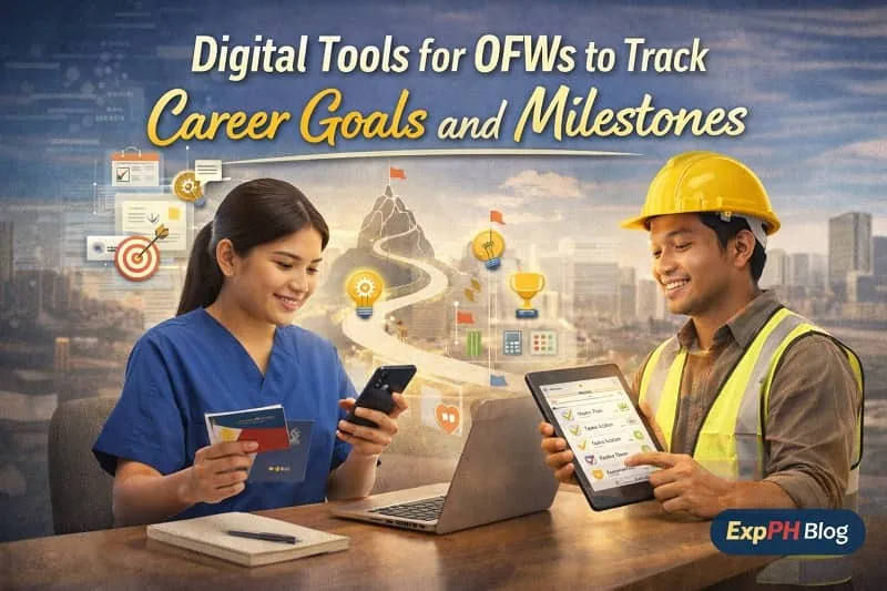 Filipino OFWs using digital tools on mobile phones and tablets to track career goals and milestones abroad, with ExpPH Blog logo visible
