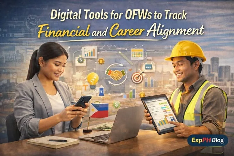Filipino OFWs using digital tools on mobile phones and tablets to track financial progress and career alignment while working abroad, with ExpPH Blog logo visible