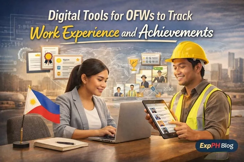 Filipino OFWs using digital tools on a laptop and tablet to track work experience and career achievements abroad, with ExpPH Blog logo visible