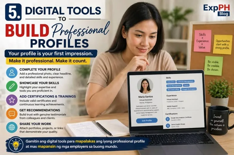 Filipino woman creating a professional online profile on a laptop with skills, certifications, and experience displayed on screen