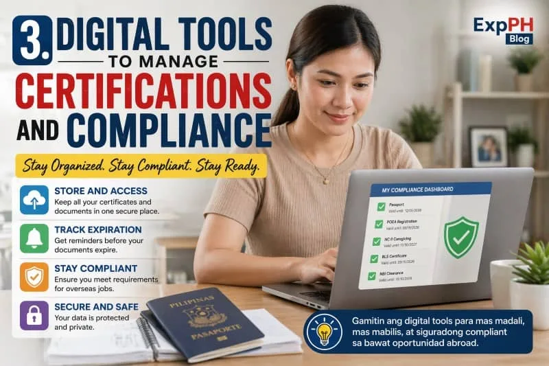 Filipino professional woman using a laptop to manage certifications and compliance documents online with digital tools, passport and paperwork on desk