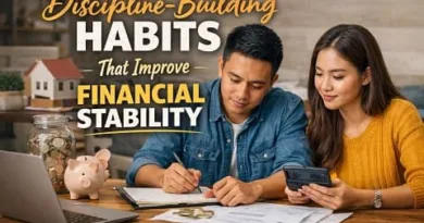Filipino couple reviewing finances at home with laptop, calculator, piggy bank, and coins while discussing financial discipline habits for stability