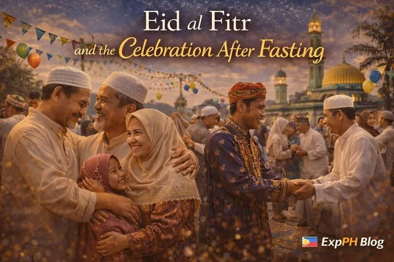 Filipino Tausug family celebrating Eid al Fitr in Sulu wearing traditional attire and gathering near mosque