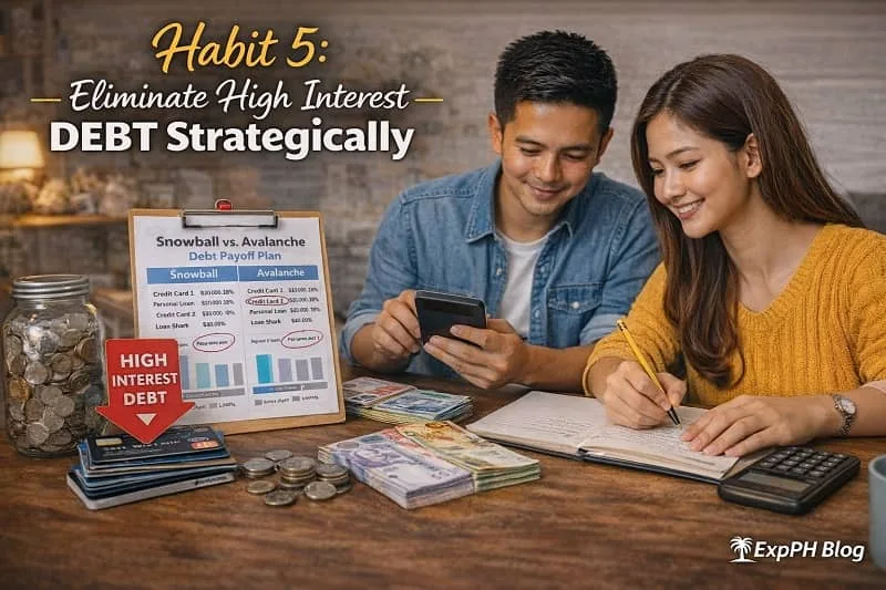 Filipino couple reviewing credit card statements and debt repayment plan with calculator and documents at home