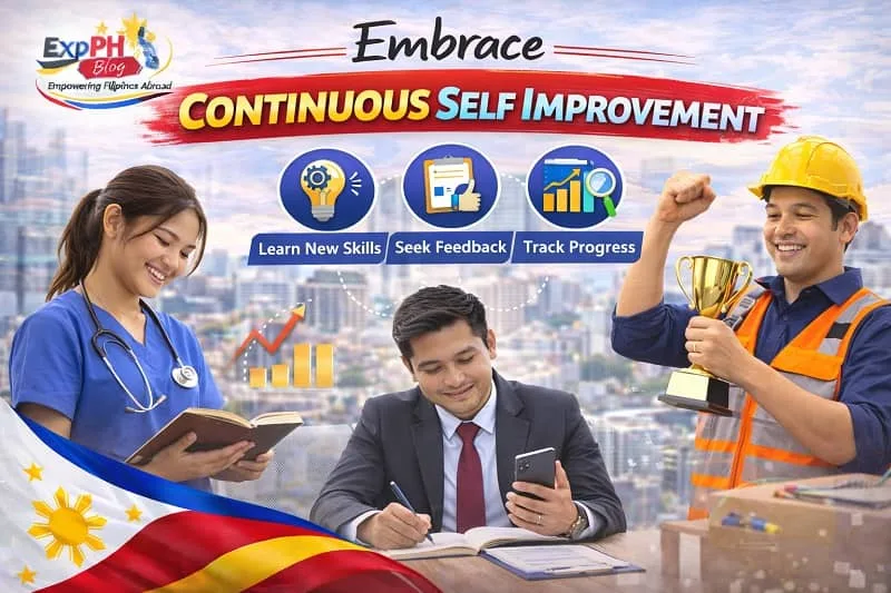 Filipino OFWs including nurse, office professional, and construction worker learning new skills and tracking progress to improve career growth abroad with ExpPH Blog logo.