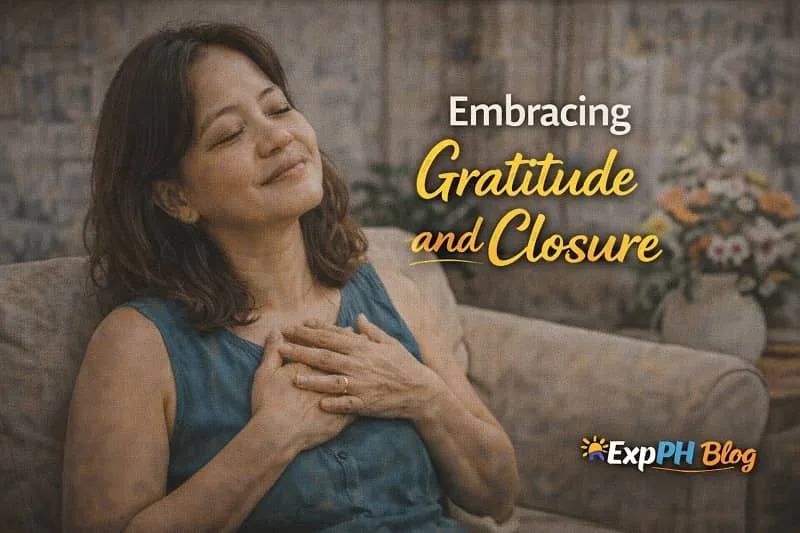 Filipina OFW writing in a journal at sunset, reflecting with gratitude and closure after working abroad