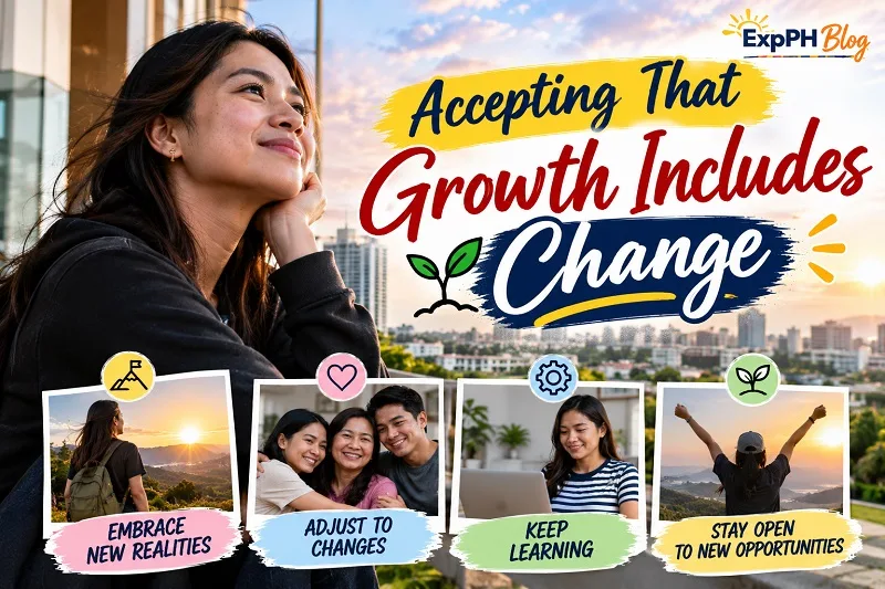 Filipina woman looking toward a city skyline at sunset, symbolizing personal growth, accepting change, and embracing new opportunities in life.