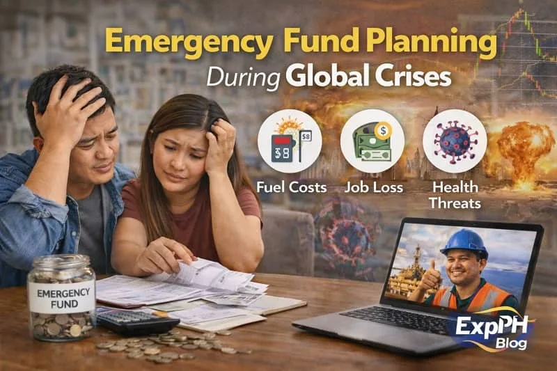Filipino couple reviewing bills beside an emergency fund jar during a global crisis, showing emergency fund planning for OFW families in uncertain times