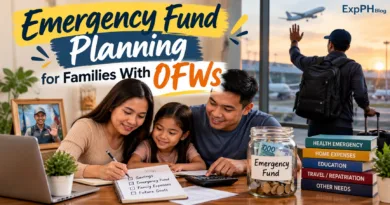 A Filipino family planning emergency savings at home with a calculator, financial checklist, and savings jar, with an OFW preparing to work overseas and the ExpPH Blog logo.