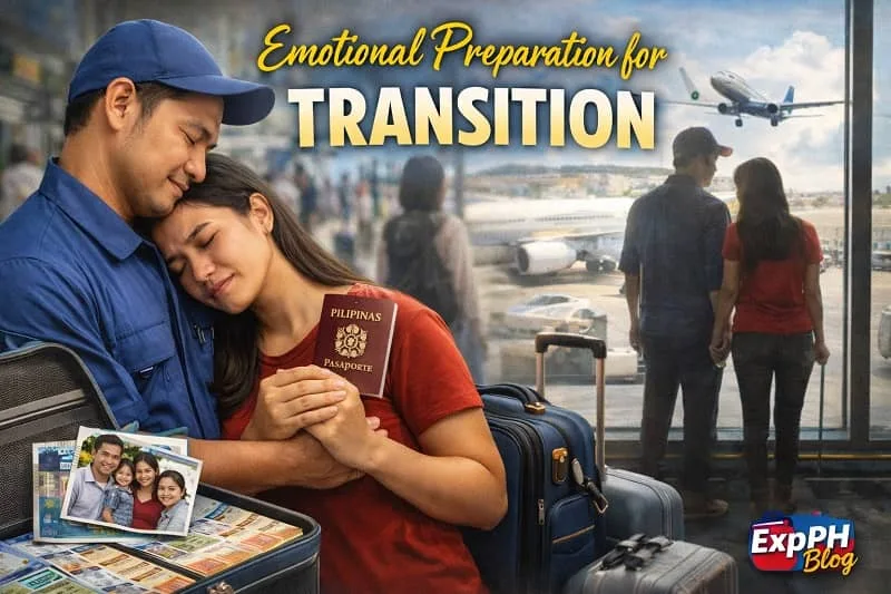 Filipino OFW couple embracing at the airport with luggage, passport, and family photo, symbolizing emotional preparation for returning home, with ExpPH Blog logo.