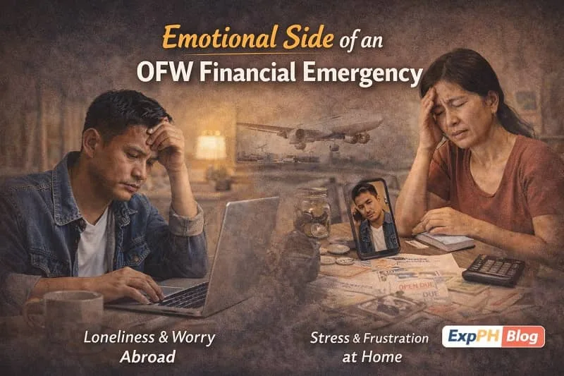 OFW experiencing emotional stress during a financial emergency abroad while family at home worries about bills and expenses, with ExpPH Blog logo visible