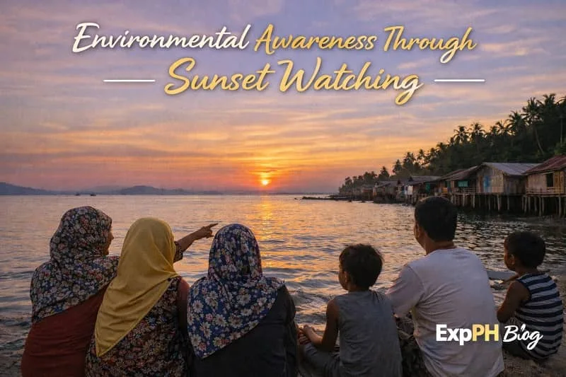 Filipino family watching the sunset in a coastal community while observing the sea and shoreline environment