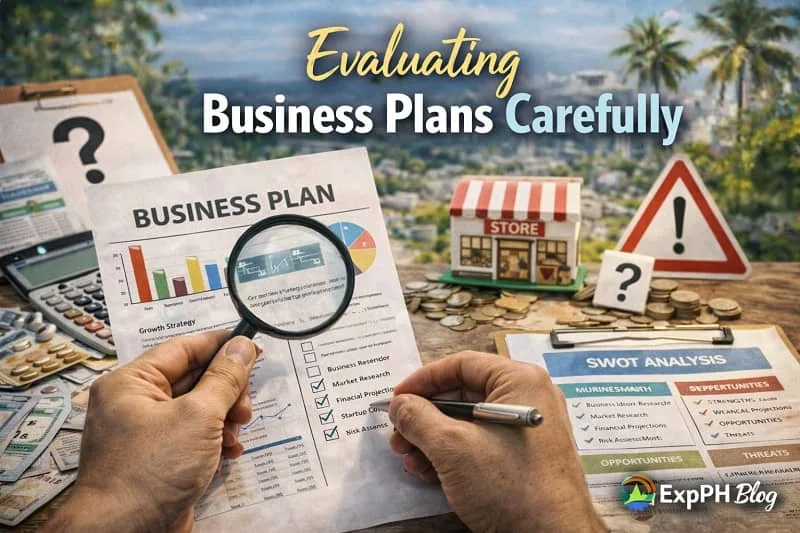 Filipino business planning image showing hands reviewing a business plan with magnifying glass, charts, calculator, coins, and small store model for careful evaluation